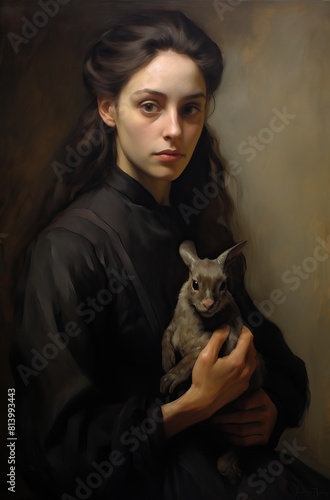 woman holding an animal, in the style of muted realism, primitivist style, chiaroscuro portraitures, expressive realism, expressive figurative works, elegant realism, fine art realism