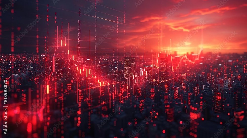 Fototapeta premium A red glowing city. The sky is dark and there are storm clouds. The city is full of skyscrapers and the lights from the buildings are reflecting off the wet streets.
