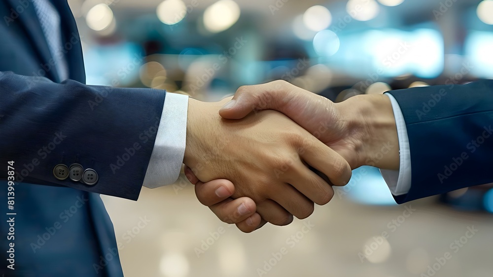 Auto salesman and customer shake hands in dealership showroom. Concept Car Dealership, Sales Transaction, Customer Satisfaction, Automotive Industry, Business Negotiation Auto salesman and customer shake hands in dealership showroom. Concept Car Dealership, Sales Transaction, Customer Satisfaction, Automotive Industry, Business Negotiation