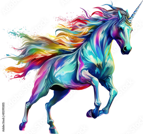 Flying unicorn with a pride color trail  clipart  single object  dicut PNG  isolated on white background