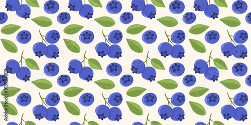 Botanical seamless pattern with blueberry twigs and green leaves. Summer background with berries ornament