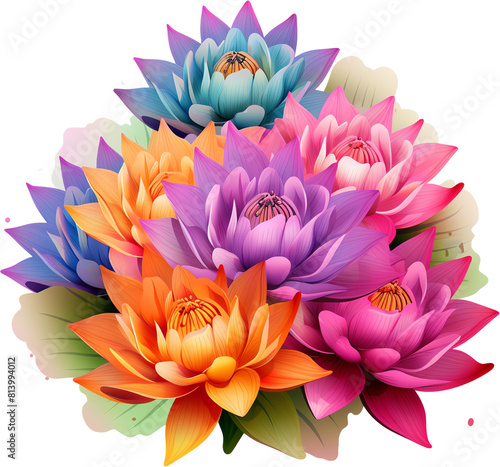 Lotus flowers bouquet  each in a different pride color  clipart  single object  dicut PNG  isolated on white