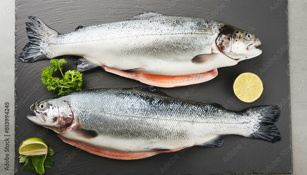 Obraz premium Two raw trout on dark slate