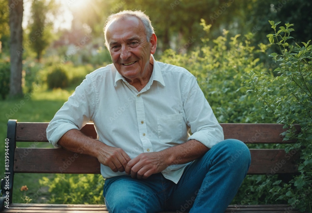 Eastern European Escape: Happy Man Enjoys Sunny Garden. Smiling Eastern European Man Relaxes Outdoors Eastern European Escape: Happy Man Enjoys Sunny Garden. Smiling Eastern European Man Relaxes Outdoors