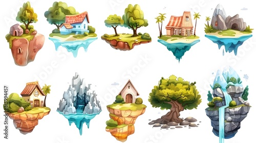 Whimsical Floating Island Landscapes with Cozy Cabins Waterfalls and Enchanting Nature Scenes