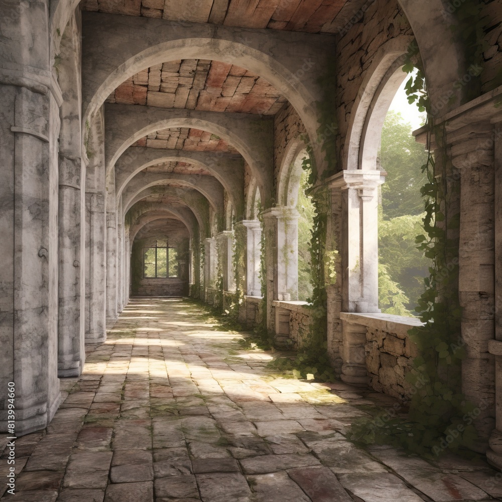 Fototapeta premium Realistic remises of old stone building double height hallway vintage covered with forest