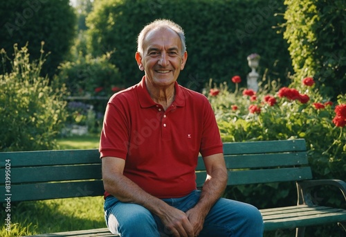 Eastern European Escape: Happy Man Enjoys Sunny Garden. Smiling Eastern European Man Relaxes Outdoors 