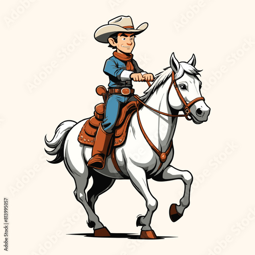 A Cowboy Riding A White Horse Hand Drawn Vintage Style