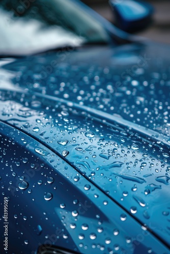 Blue car with water droplets, suitable for automotive industry