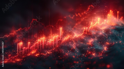 A glowing red and orange graph rises and falls against a dark background