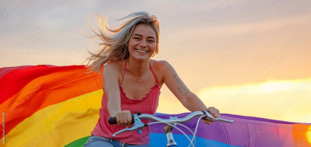 Obraz premium Joyful Ride with Pride Flag at Sunset.