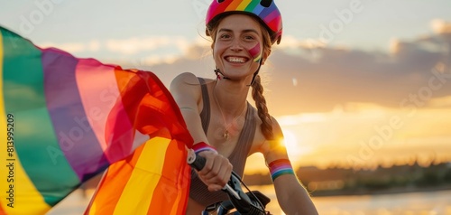 Joyful Ride with Pride Flag at Sunset. photo