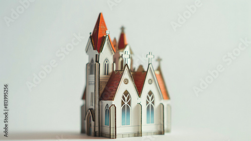 macro tilt-shift photography of tiny cardboard handmade figure of antique catholic curch in gothic style, space for copy text photo