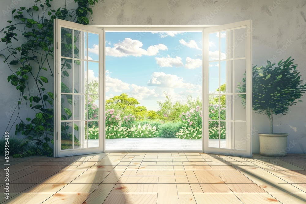 A room with an open window and a potted plant. Suitable for interior design concepts A room with an open window and a potted plant. Suitable for interior design concepts