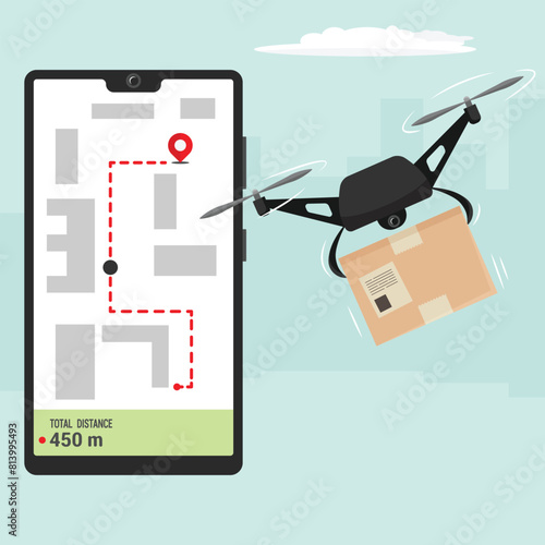 Drone delivery service. Online delivery service, online order tracking via smartphone