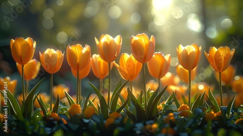 Orange tulips in bloom with soft sunlight #813995634