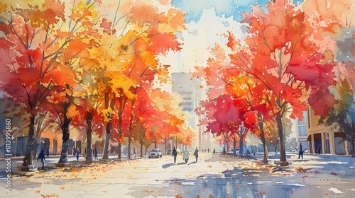 A watercolor masterpiece depicts a bustling boulevard lined with autumn trees. Leaves, in shades of red and gold, pop against pastel buildings, creating a serene yet vibrant scene. photo