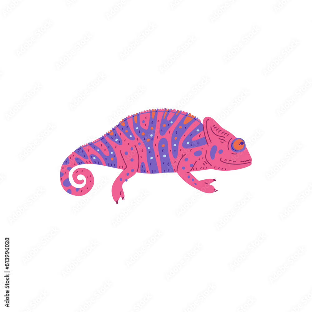 Fototapeta premium Cute small striped colorful chameleon vector illustration, cartoon tropical lizard, predator animal, exotic pet guana