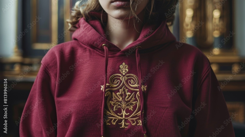 Fototapeta premium A crimson hoodie showcasing a gold embroidered crest, pride, available light