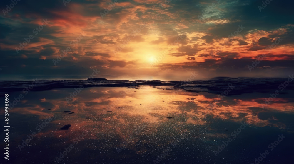 Golden Hour evening sunset Lake Reflections, Cloudy Sky and Serene Waters Golden Hour evening sunset Lake Reflections, Cloudy Sky and Serene Waters