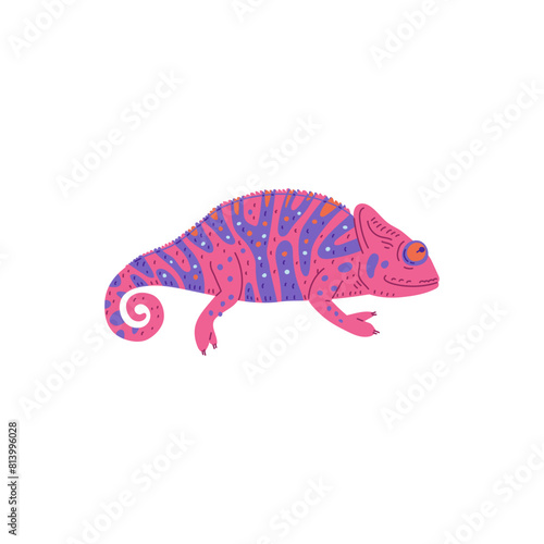 Cute small striped colorful chameleon vector illustration, cartoon tropical lizard, predator animal, exotic pet guana