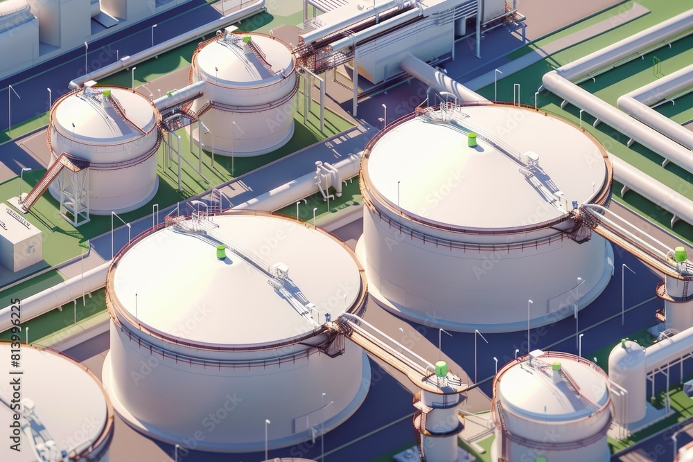 Obraz premium A group of large white tanks side by side. Suitable for industrial and manufacturing concepts