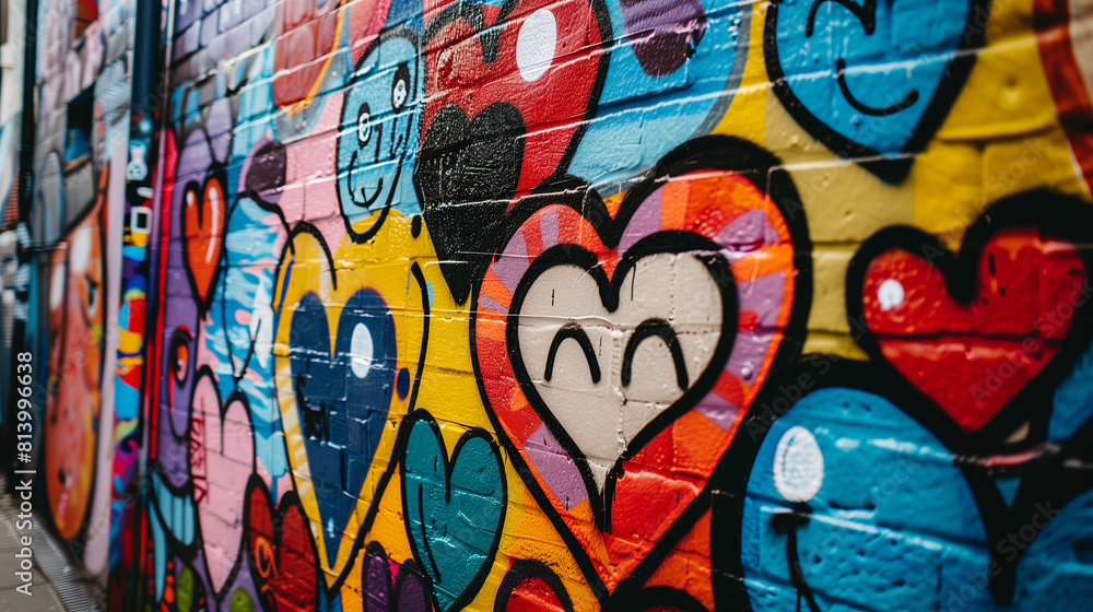 Graffiti of Hearts on a Brick Wall in an Alley.