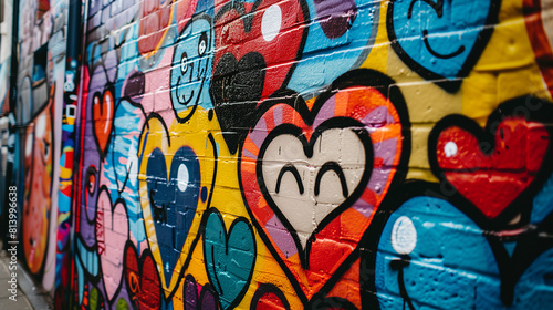 Graffiti of Hearts on a Brick Wall in an Alley.