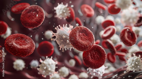 Educational render of red blood cells with active white blood cells, illustrating defense mechanisms within the circulatory system. photo