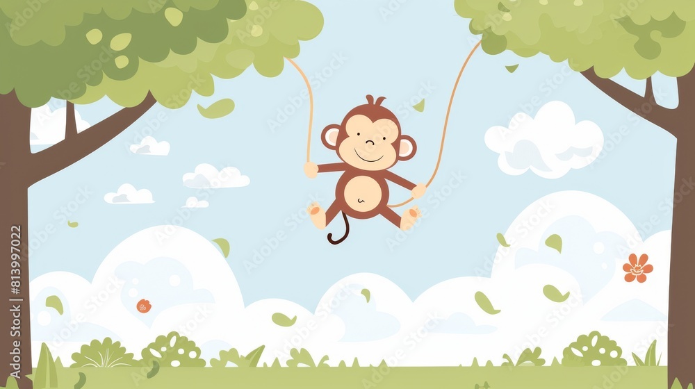 Fototapeta premium Cartoon Monkey Swinging on a Swing