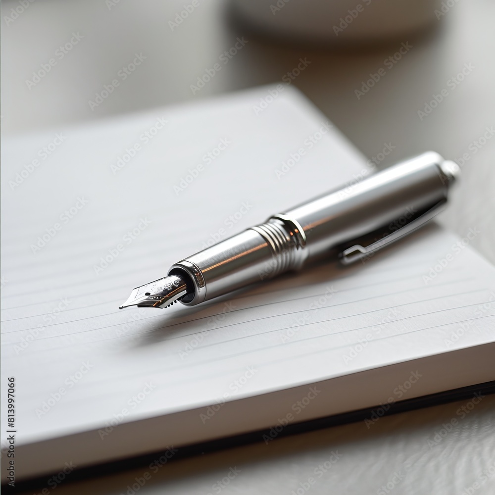 A silver fountain pen resting on a blank notebook. A silver fountain pen resting on a blank notebook.