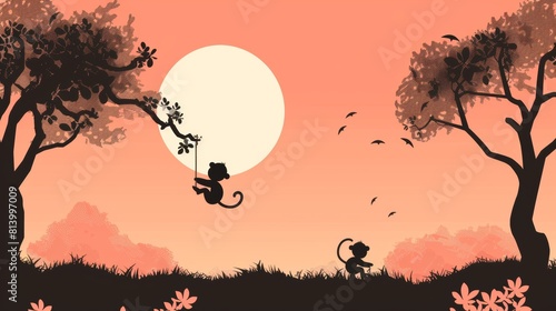 Cat Swinging on Tree