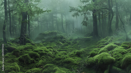 A panoramic view of a misty forest glade  where moss blankets every surface  creating a serene and otherworldly atmosphere.