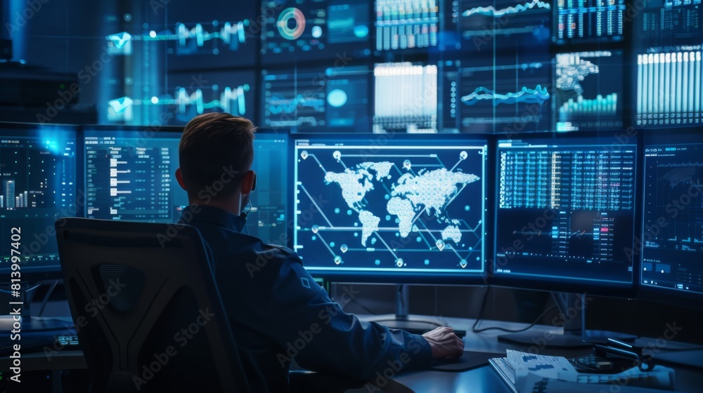 A cybersecurity professional analyzes worldwide network traffic from a high-tech control room at night. A cybersecurity professional analyzes worldwide network traffic from a high-tech control room at night.