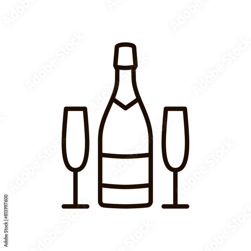 Champagne bottle and glasses outline icon. Celebration, party, holiday symbol. Editable stroke