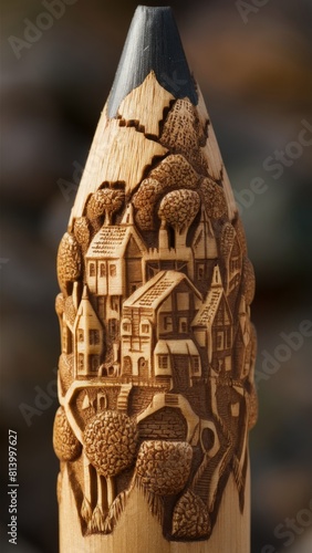 Detailed Miniature Village Carved on Pencil Tip Reflecting Exquisite Craftsmanship. photo