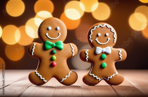 Gingerbread man and gingerbread cookie on bokeh background. Christmas banner. © Kseniya Ananko