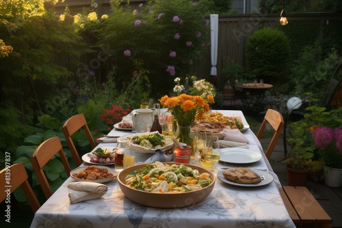 Inviting dinner table set outdoors with a variety of dishes amidst lush greenery at sunset