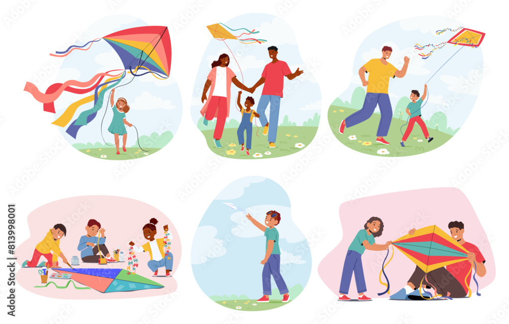 Joyful Families And Kids Engage In Timeless Delight Of Kite Flying. Characters Encapsulating The Essence Of Childhood Joyful Families And Kids Engage In Timeless Delight Of Kite Flying. Characters Encapsulating The Essence Of Childhood