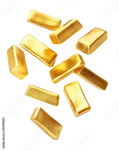 Many gold bars falling on white background