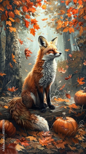 Autumnal Forest Scene with Majestic Fox Amidst Falling Leaves and Pumpkins.