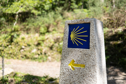 Camino de Santiago milestone. Pilgrimage sign to Santiago de Compostela. Copy space photo