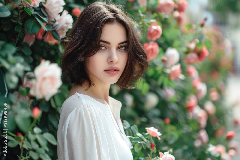 Woman standing in front of a bush of flowers. Suitable for gardening promotions Woman standing in front of a bush of flowers. Suitable for gardening promotions
