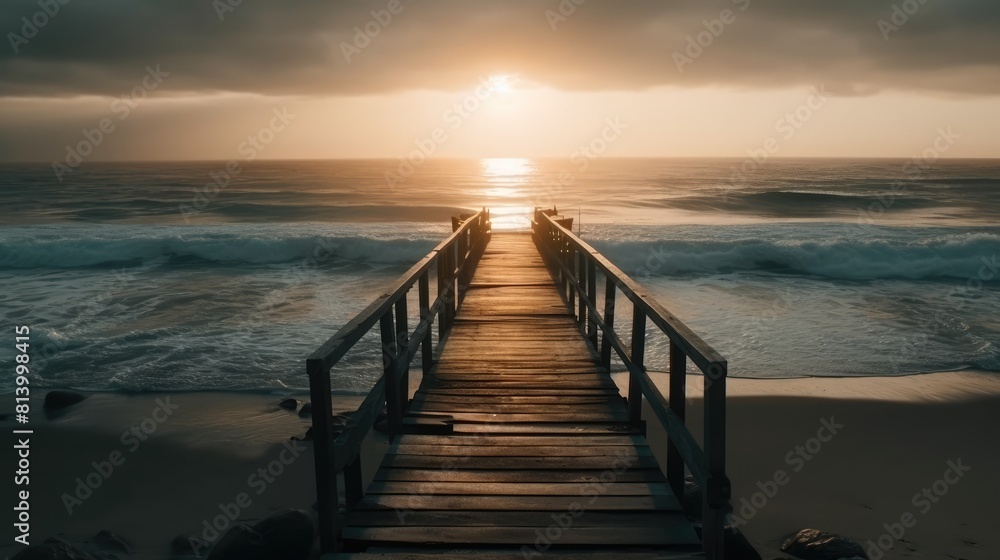 Wooden Jetty Extending into Calm Sea Waters with sunset view