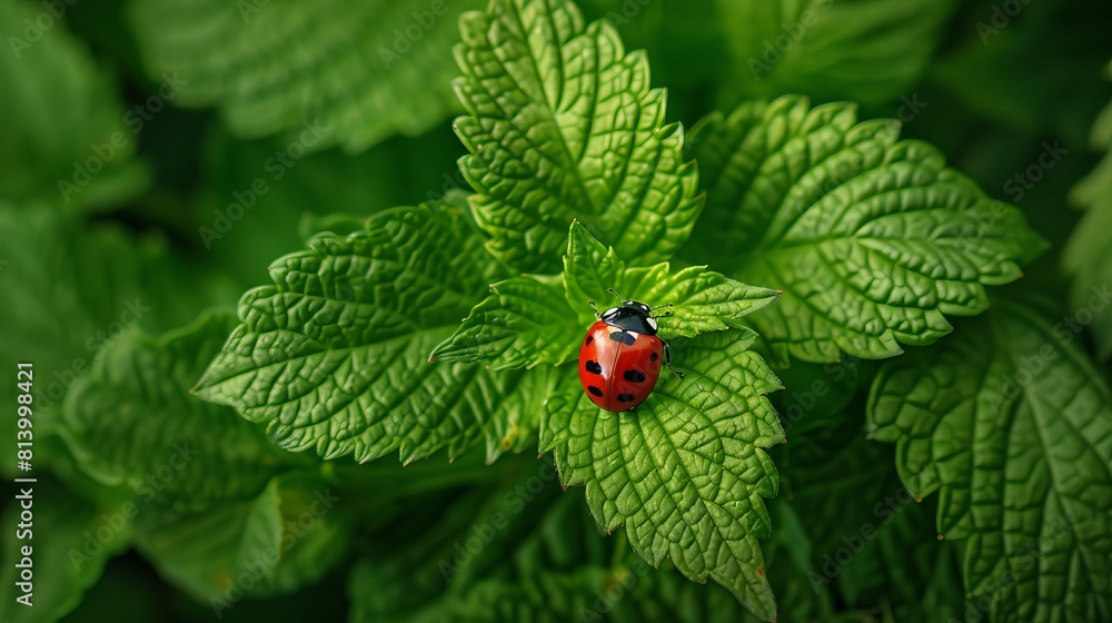 Cute ladybug on juicy green leaf . biodiversity Cute ladybug on juicy green leaf . biodiversity