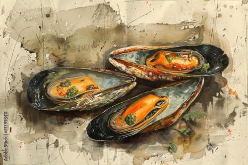 A watercolor painting of three mussels on a table. Suitable for seafood restaurant menu design photo