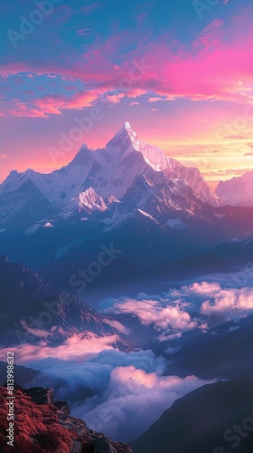 Sunrise over the Himalayan landscape with vibrant colors.