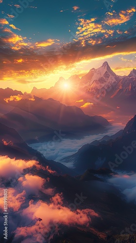 Sunrise over the Himalayan landscape with vibrant colors.