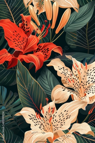 Lily and Leaves Wallpaper on Black Background