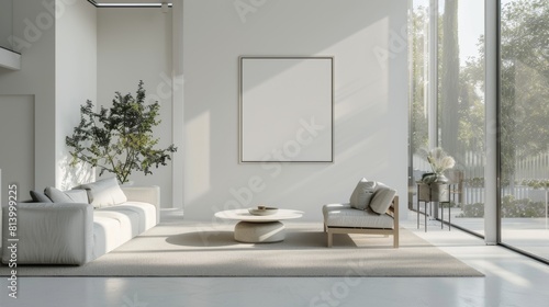 A spacious modern living room with sleek furniture and a large ISO A paper size frame mockup on a clean white wall, ambient daylight streaming through floor-to-ceiling windows. Created Using: 3D